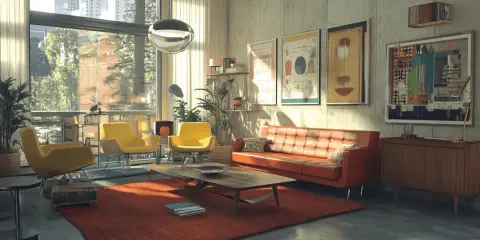 Gemütliches Wohnzimmer im Midcentury Stil mit orangefarbenem Sofa, gelben Sesseln und einem Holztisch.