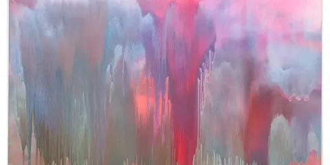 Abstrakte Tropfen in Rosa- und Blautönen, die an einen Wasserfall erinnern. Ein Werk moderner Maler, das Emotionen und Bewegung einfängt.