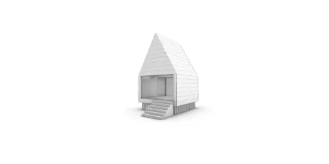 Ein modernes frame haus mit Stufen und großen Fenstern.