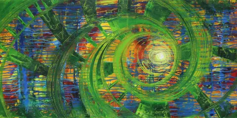 Abstrakte Kunst Epoche: Grüne Spiralen überlagern ein Mosaik aus Blau, Gelb und Rot. Ein Wirbel aus Farbe und Form.