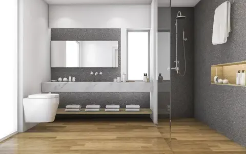 Modernes Bad mit Holzboden und Dusche. Eine tolle alternative zu fliesen im bad, die für Wärme und Stil sorgt.