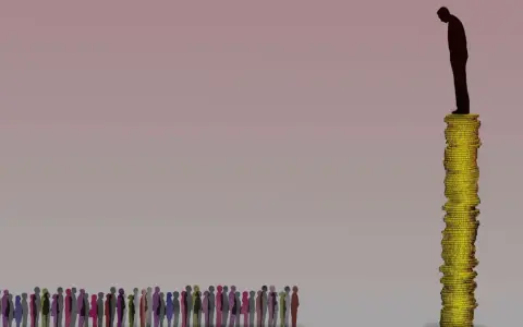 Silhouette eines Mannes auf einem hohen Münzstapel, während eine lange Schlange bunter Silhouetten unten wartet. Ein Bild, das den Unterschied zwischen Neoliberalismus und Kapitalismus verdeutlicht.