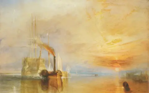 Dampfschiff zieht an Segelschiff vorbei im Sonnenuntergang, ein Meisterwerk bekannter Landschaftsmaler.