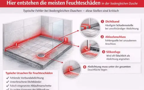 Feuchteschäden in der bodengleichen Dusche entstehen oft an Dichtbändern, Ablaufanschlüssen und Silikonfugen. Die Grafik zeigt kritische Stellen.