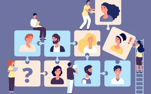 Menschen fügen Puzzleteile mit Porträts zusammen. Ein Fragezeichen deutet auf den Wandel der Arbeitswelt, Beispiele für neue Teamkonstellationen.