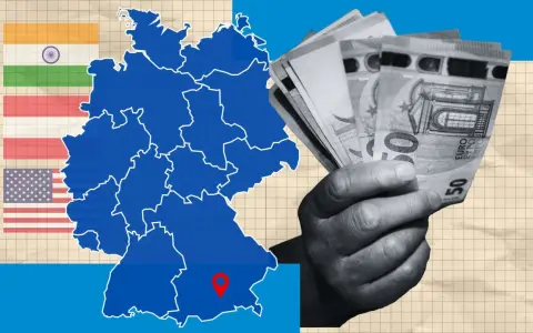 Deutschlandkarte mit Flaggen von Indien, Österreich und den USA. Eine Hand hält Euro-Scheine, symbolisch für das Leben ohne Geld.