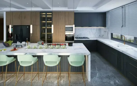 Moderne Küche mit Marmor-Arbeitsplatte, dunklen Schränken und Akzenten aus Holz. Die Lichtplanung im Neubau setzt die elegante Atmosphäre perfekt in Szene.