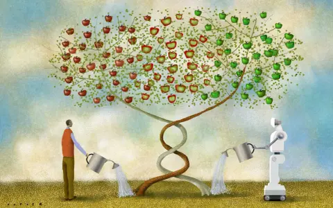 Mensch und Roboter gießen einen DNA-Baum mit Äpfeln. Symbolisiert die **evolution mensch zukunft** durch Technologie und Genetik.