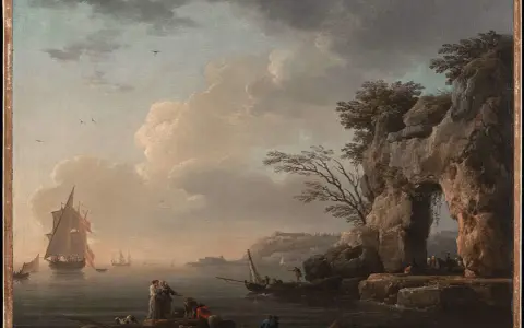 Ein romantisches landschaftsbild kunst mit Segelschiffen, Felsen und Menschen am Ufer.
