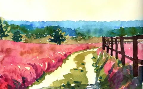 Eine farbenfrohe landschafts malerei mit einem Feld voller leuchtend roter Blumen, einem Feldweg und einem Holzzaun.
