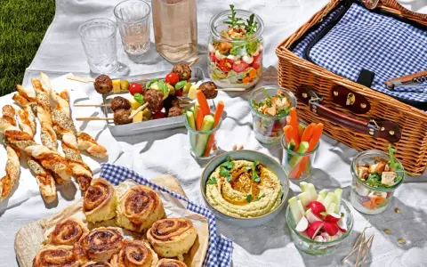Leckere Picknick-Snacks: Fleischbällchen-Spieße, Gebäckstangen, Hummus, Gemüsesticks und süße Schnecken auf einer Decke.