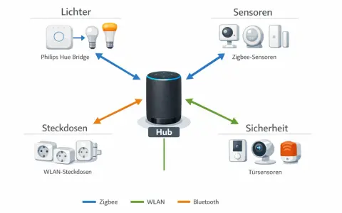 Schema einer smart home installation: Hub verbindet Lichter, Sensoren, Steckdosen und Sicherheitssysteme über Zigbee, WLAN und Bluetooth.
