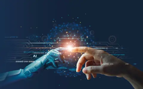 Eine Roboterhand und eine menschliche Hand berühren sich, ein Symbol für die utopie definition von KI und Menschheit.