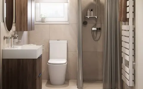 Moderne Ideen für ein kleines Bad: Waschtisch mit Holzunterschrank, weiße Toilette, Dusche mit Vorhang und Heizkörper.