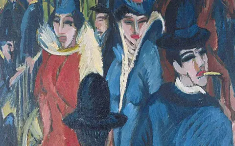 Expressionismus vertreter: Menschen mit markanten Gesichtern und Hüten in leuchtenden Farben. Ein Mann raucht, eine Frau trägt einen blauen Mantel.