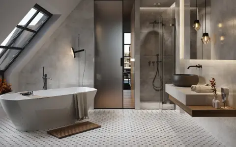 Moderne Badezimmer-Fliesen-Ideen: Freistehende Wanne, Dusche und Waschbecken mit Betonoptik.