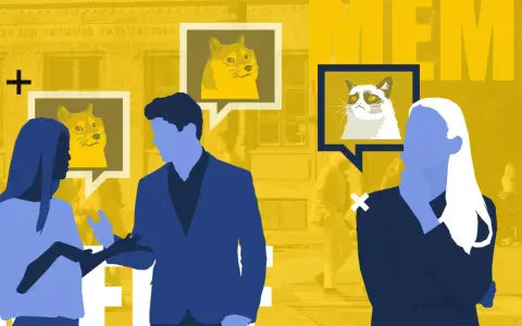 Silhouetten von Menschen, die über Doge und Grumpy Cat sprechen. Ein humorvolles Bild über meme kommunikation.