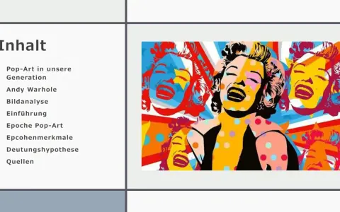 Marilyn Monroe in leuchtenden Farben, ein Beispiel für Pop-Art-Techniken. Mehrere Gesichter, kräftige Konturen, Punkte und geometrische Formen.