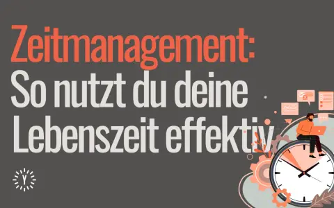Zeitmanagement: So nutzt du deine Lebenszeit effektiv. Denn Arbeitszeit ist Lebenszeit. Mann sitzt auf Uhr, arbeitet am Laptop.