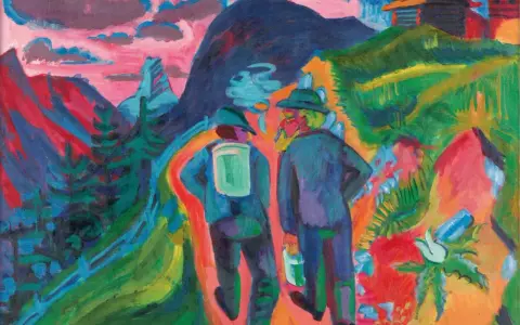 Zwei Wanderer im Gebirge, ein Werk des Expressionismus, das abstrakte Kunst mit leuchtenden Farben und dynamischen Formen zeigt.