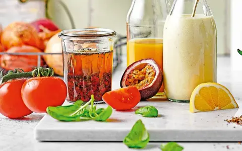 Ein Glas mit asiatischem Salatdressing, Tomaten, Passionsfrucht, Orange und Kräutern.