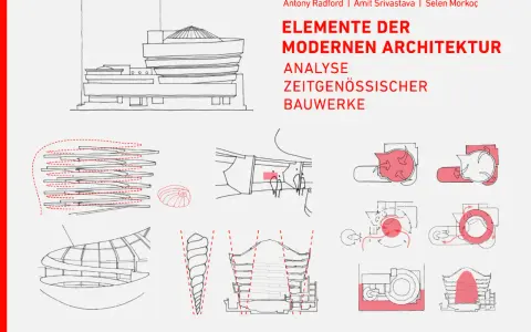 Elemente der modernen Architektur: Skizzen von Gebäuden, Spiralen und technischen Diagrammen, die die Analyse zeitgenössischer Bauwerke illustrieren.