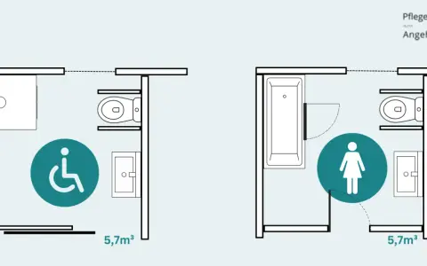 Grundrisse zeigen barrierefreies Bad Beispiele: links mit Dusche und Rollstuhlsymbol, rechts mit Wanne und Frauensymbol.