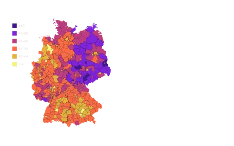 Karte Deutschlands mit farbkodierten Regionen, die unterschiedliche Werte darstellen. Die Legende zeigt Werte von ≥ 50 (dunkelblau) bis < 42 (gelb). Dies könnte gesellschaftlichen Wandel in verschiedenen Gebieten visualisieren.
