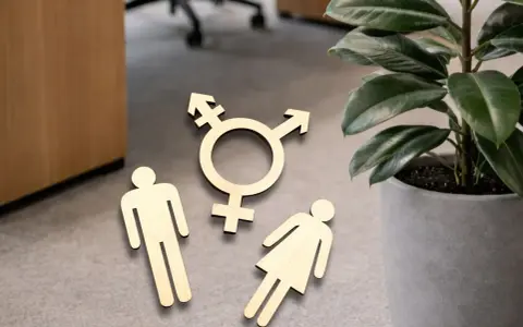 Holzfiguren von Mann, Frau und Transgender-Symbol liegen auf dem Boden. Ein Zeichen für fußgänger gendern.