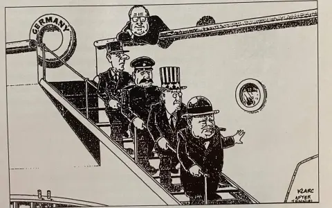 Karikatur: "Der Lotse geht von Bord" – Stalin, Churchill & Co. steigen aus Deutschland aus. Ein Mann mit Brille blickt von oben herab.