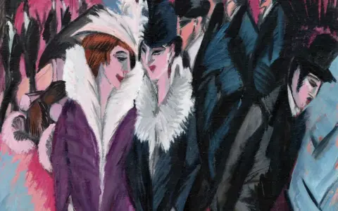 Menschen in eleganter Kleidung, ein typisches Motiv des Expressionismus, Kunst, Zeitraum. Lebendige Farben und dynamische Pinselstriche.