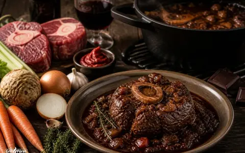 Ein Teller mit köstlichem Ossobuco vom Rind, daneben rohes Fleisch, Gemüse und ein Glas Rotwein.