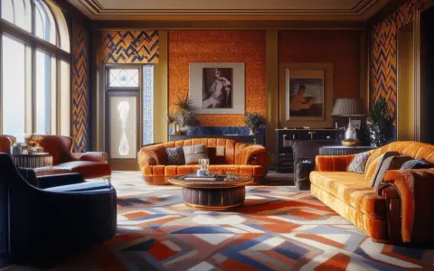 Luxuriöses Wohnzimmer mit orangefarbenen Samtsofas, einem geometrischen Teppich und auffälligem Art-décor.