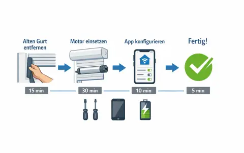Schritt-für-Schritt-Anleitung, wie Sie Ihren Rolladen smart machen: Alten Gurt entfernen, Motor einsetzen, App konfigurieren. Fertig!