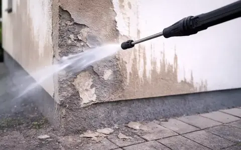 Hochdruckreiniger sprüht Wasser auf eine beschädigte Hauswand, um die Fassade zu reinigen.