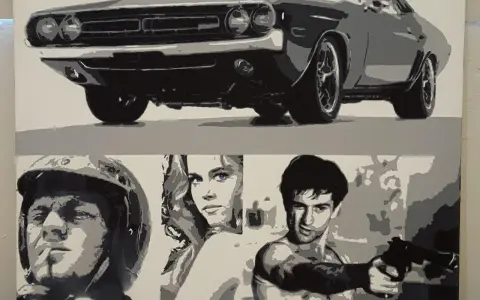 Pop arts: Ein Dodge Challenger und drei Figuren, ein Mann mit Helm, eine Frau mit blauen Augen und ein Mann mit Waffe, im Stil von Pop Art.