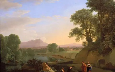 Idyllische renaissance landschaftsmalerei mit Figuren, die am Flussufer rasten, Pferde auf einem Feld und eine Stadt in der Ferne.
