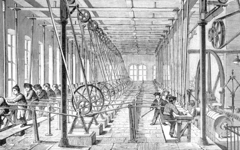 Kinder arbeiten in einer Fabrik, ein Bild der Klassengesellschaft im 19. Jahrhundert. Lange Reihen von Maschinen und Kindern, die schuften.
