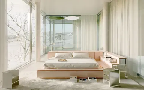 Ein minimalistisches Schlafzimmer mit einem rosafarbenen Bett, inspiriert von Andres Reisinger, und einem atemberaubenden Blick auf eine verschneite Landschaft.