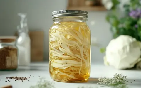 Ein Glas mit spitzkohl fermentieren, gefüllt mit fein geschnittenem Kohl und Gewürzen, bereit für die Gärung.