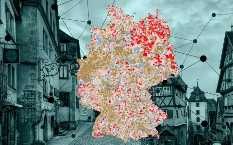 Karte Deutschlands mit farbigen Regionen, überlagert von einer historischen Gasse. Das urbane Leben wird durch die Vernetzung von Städten und Regionen dargestellt.