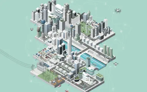Darmstadt smart city: vernetzte Gebäude, autonome Fahrzeuge, Drohnen und erneuerbare Energien prägen die futuristische Stadtlandschaft.