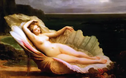 Venus, die Göttin der Liebe, ruht in einer Muschel am Ufer. Was ist akt.