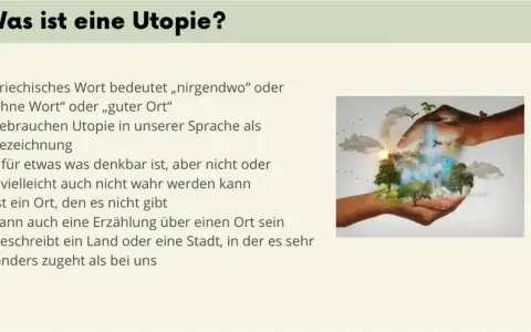 Hände halten eine Welt mit Bäumen, Wasserfall und Stadt. Merkmale Utopie: ein Ort, der nicht existiert, aber denkbar ist.