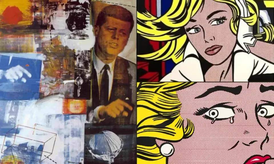 Collage mit JFK und Pop-Art-Gesichtern von Frauen, ein Beispiel für **popular art**.