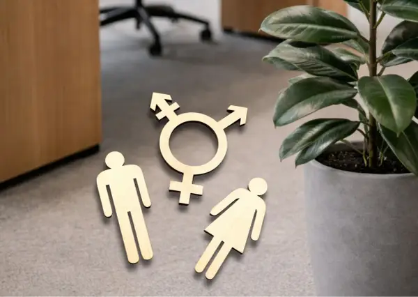 Holzfiguren von Mann, Frau und Transgender-Symbol liegen auf dem Boden. Ein Zeichen für fußgänger gendern.