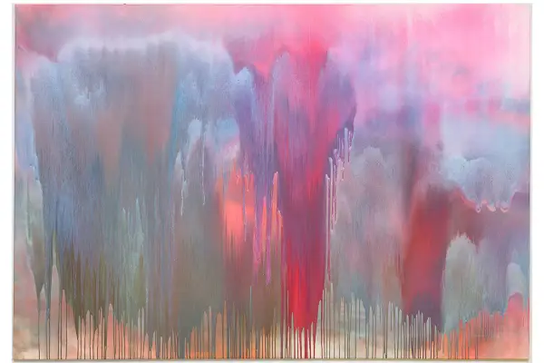 Abstrakte Tropfen in Rosa- und Blautönen, die an einen Wasserfall erinnern. Ein Werk moderner Maler, das Emotionen und Bewegung einfängt.