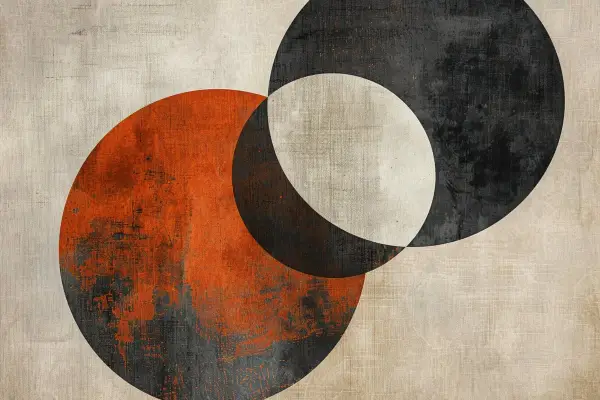 Minimal art mit überlappenden Kreisen in Orange, Schwarz und Beige. Textur erinnert an Leinwand.