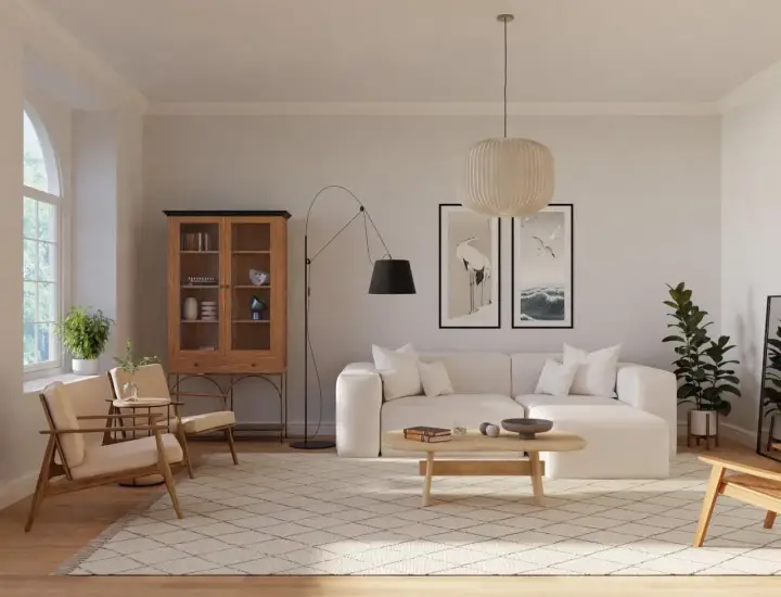 Ein Wohnzimmer im skandinavischen Design-Stil mit beiger Couch, Holzboden und einem Schrank.