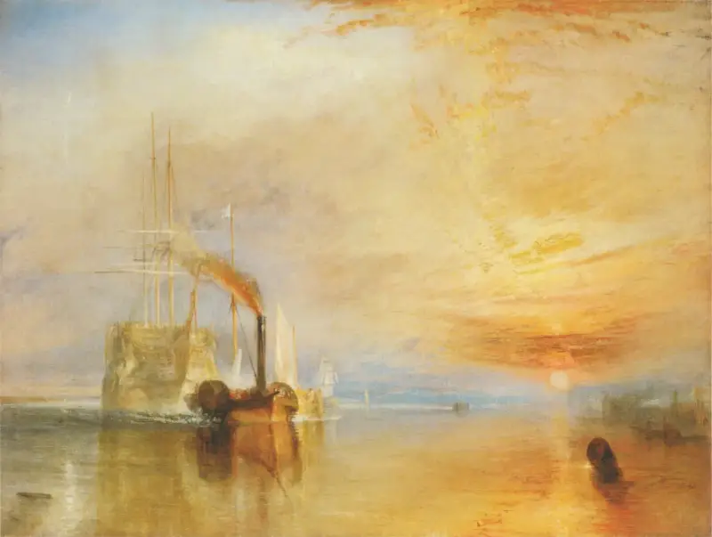 Dampfschiff zieht an Segelschiff vorbei im Sonnenuntergang, ein Meisterwerk bekannter Landschaftsmaler.